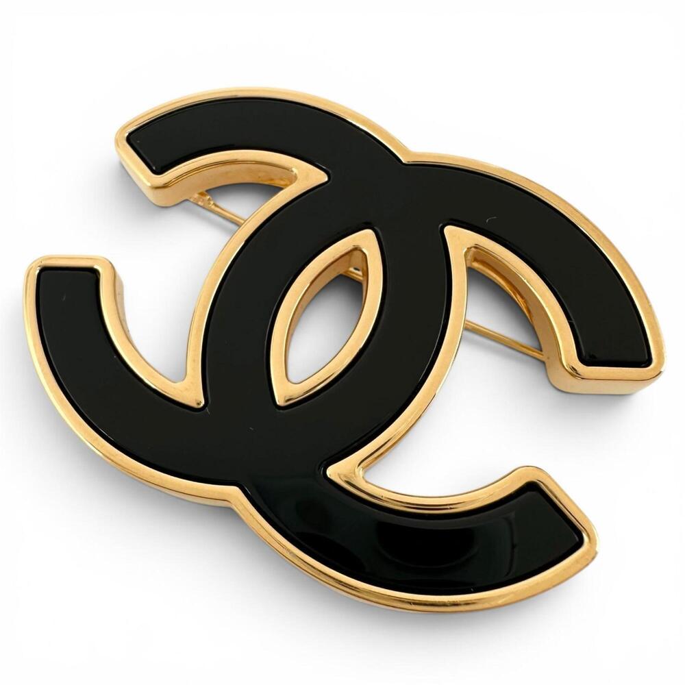 CHANEL B24B Plated Resin Coco Mark Brooch, Black and Gold, Made in Italy, Wom...